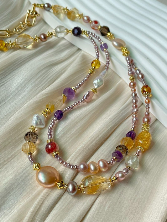 #PN01 Serene Spectrum |Freshwater Pearl Necklace & Bracelet Set |Baby Baroque |Coin Baroque |Double-layer|Beeswax|Amethyst Freeform |Citrine|Fire Quartz |Fluorite