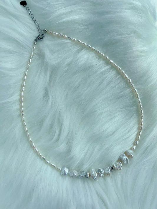 #PN340 Cool & Sweet| Freshwater Pearl Necklace | Ancient Silver Shape Baroque Pearl | Silver-ish Lustre| Baby Keshi Pearl