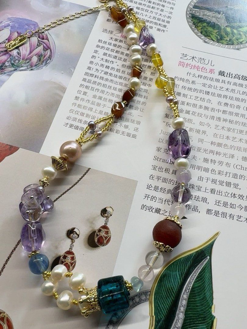#PN424 [Floral Series] Dream Catcher| Freshwater Pearl Necklace |Purple Quartz |Purple Edison Pearl |Tea Agate
