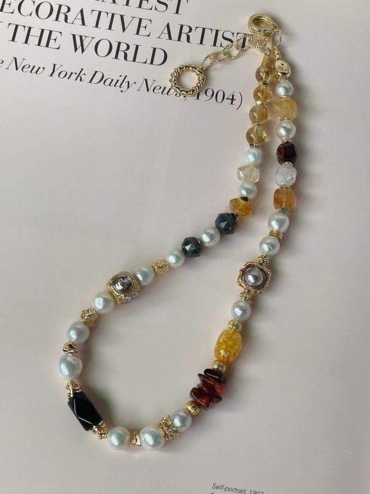 #PN357 Earthly Essence |Freshwater Pearl Necklace |Beeswax|Citrine Free Form|Amber |Iolite Faceted|Agate|Baroque Pearl