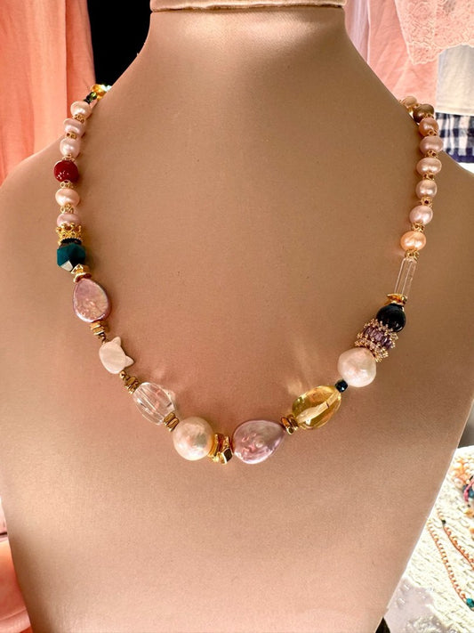 #PN435 Storm Queen| Freshwater Pearl Necklace |Amber|Water-drop Shaped Pearl|Wrinkled Pearl |White Quartz |Lute Pearl