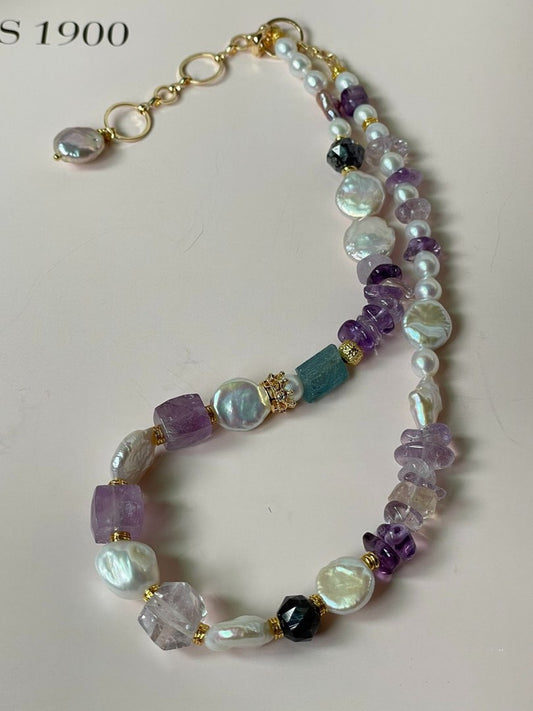 #PN378 Lavender Waves|Freshwater Pearl Necklace |Aquamarine| Amethyst Free-form |Lustrous Coin Pearl |Iolite