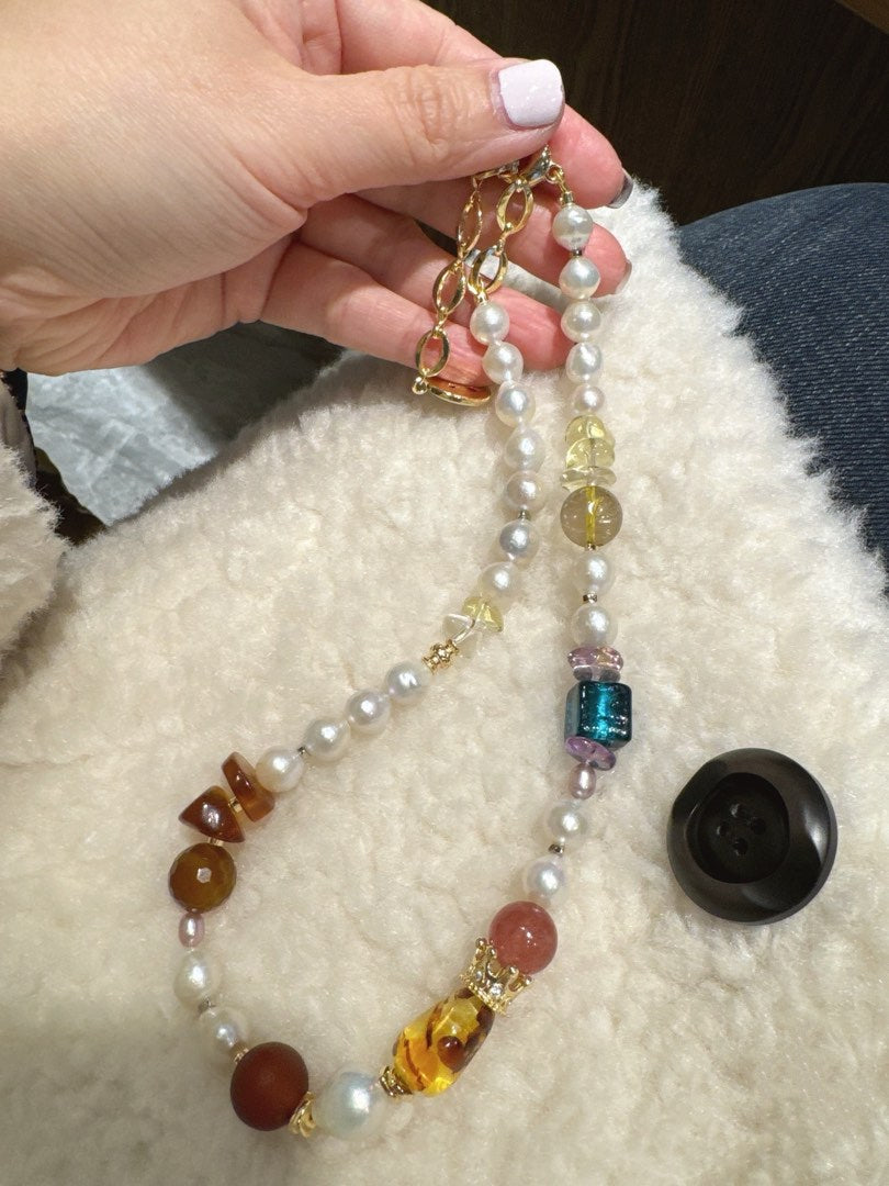 #PN423 Summer Break|Freshwater Pearl Necklace |Baroque Pearl|Amber|Strawberry Quartz |Beeswax|Yellow Quartz