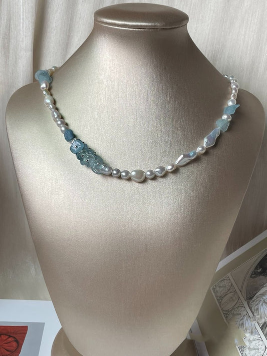 #PN356 [Floral Series] Oceanic Wonders|Freshwater Pearl Necklace |Aquamarine Petal, Chip, Original Stone|Irregular Keshi Baroque Pearl