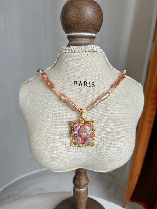 #PN04 Lustrous Lute|Freshwater Pearl Necklace & Bracelet Set |Supreme Pink-purple Lustre|Removable Frame Pendant |Baby Pearl