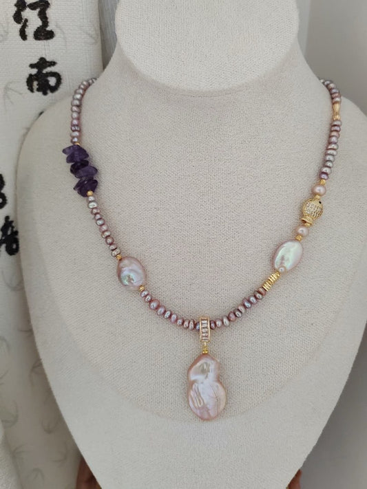 #PN297 Dynamic Sea| Freshwater Pearl Necklace | Fish Charm | Amethyst Chip| Baby Baroque Pearl | Gourd Removable Pendant | Lustrous