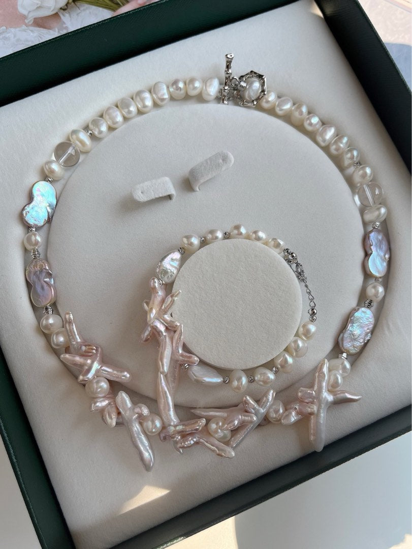 #PN68 Cross Flower | Freshwater Pearl Necklace & Bracelet Set | Bit Pinkish Cross Pearl | Lustrous Baroque Pearl | White Quartz