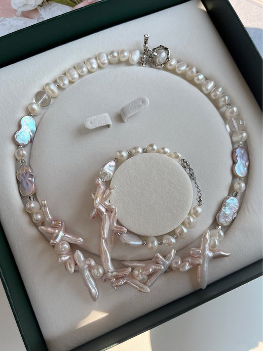 #PN68 Cross Flower | Freshwater Pearl Necklace & Bracelet Set | Bit Pinkish Cross Pearl | Lustrous Baroque Pearl | White Quartz