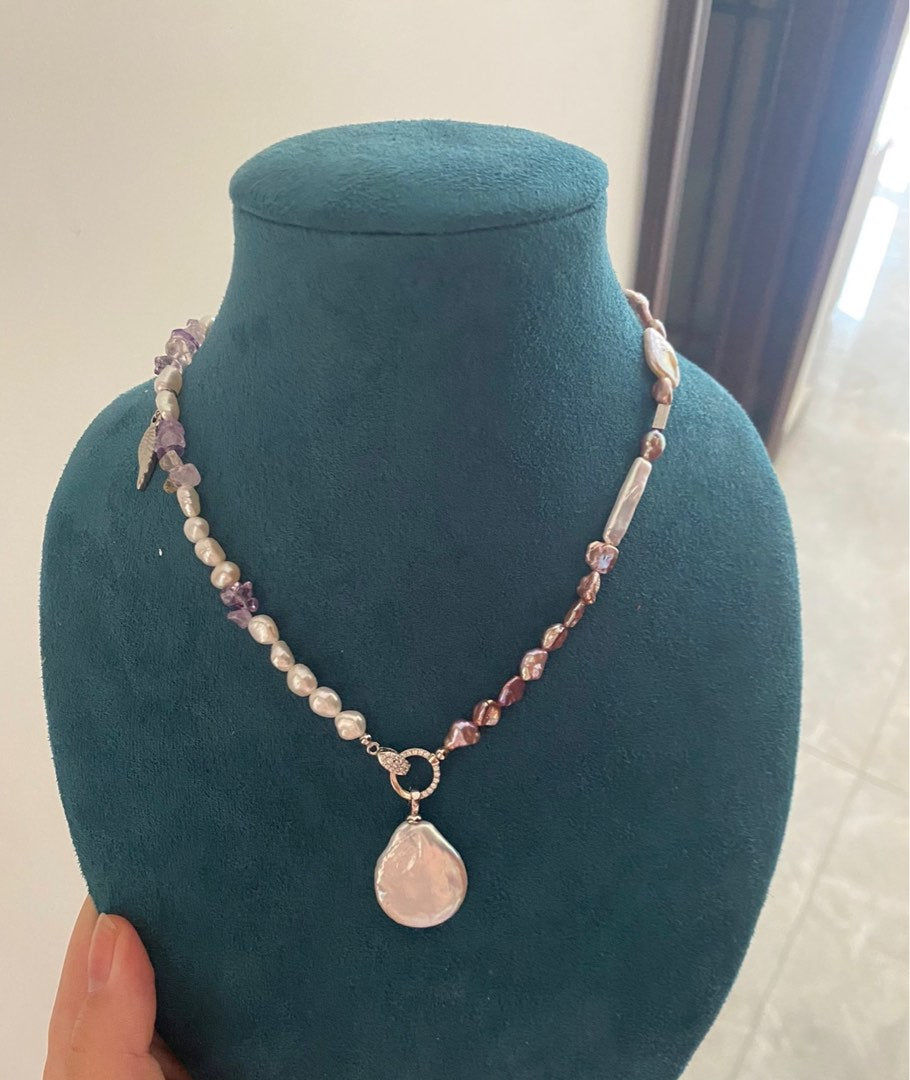 #PN407 [Sale]Handmade Original Design Freshwater Pearl Necklace |Double-sided|Big Waterdrop Baroque Pearl Removable Pendant|Cross|Purple Quartz |Dripping