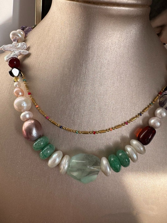 #PN415 Green Elf|Freshwater Pearl Necklace |Natural Flaws|Jade|Fluorite|Purple Quartz |Mixed Shapes