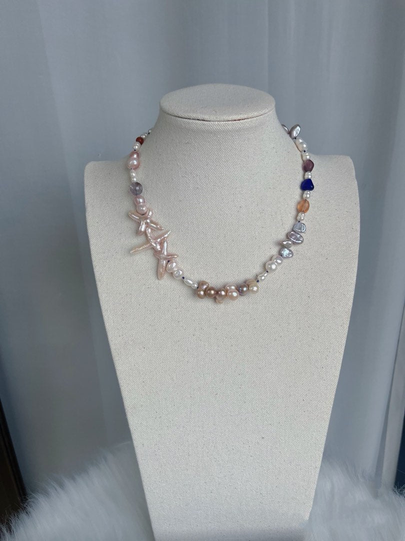 #PN431 Pink & Blue|Freshwater Pearl Necklace |Cross Shaped Pearl|Gourd Shaped Pearl |Mixed Sizes|Bronze Colour