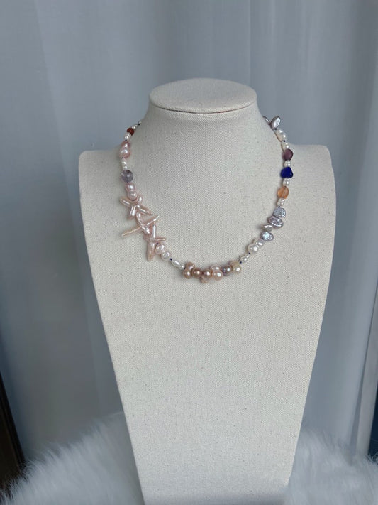 #PN431 Pink & Blue|Freshwater Pearl Necklace |Cross Shaped Pearl|Gourd Shaped Pearl |Mixed Sizes|Bronze Colour