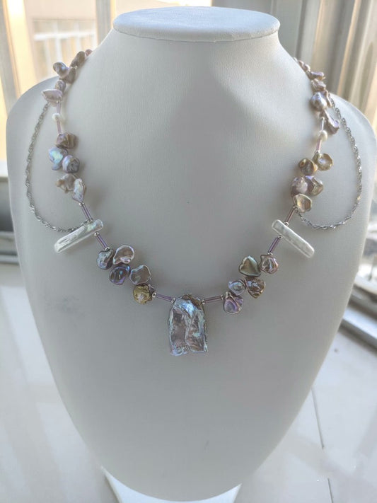 #PN395 [Sale]Fairy Purple Baroque Petals Pearl Necklace |Gilt Colour|Dangling Chains