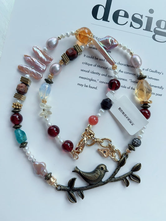 #PN331 Bird Singing | Freshwater Pearl Necklace | Citrine Freeform | Garnet| Bird on Branch Charm| Lute, Stick Pearl | Opal| Yanyuan Agate| Natural Flaws