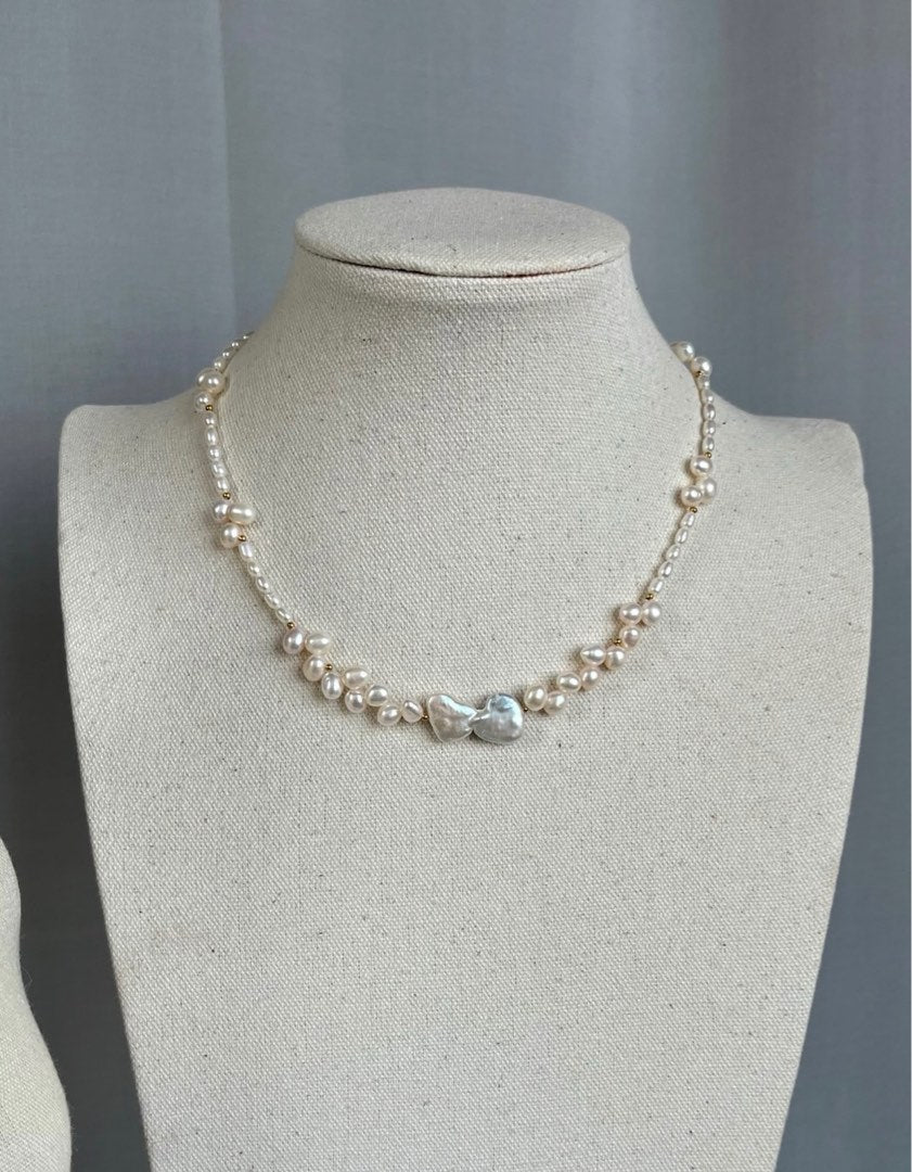 #PN368 Connected Heart|Freshwater Pearl Necklace |Bow Shaped Baroque Pearl |Wheat Ear Design