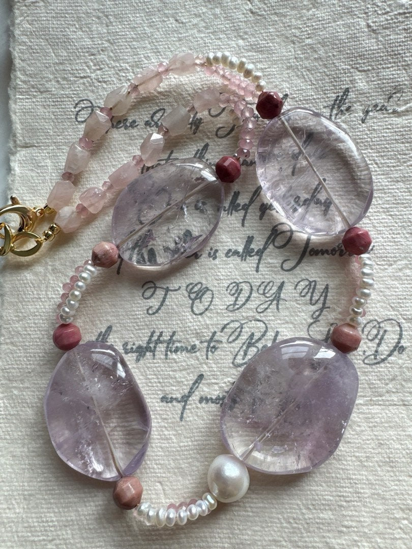 #PN421 Magnificent Presence |Freshwater Pearl & Big Quartz Necklace |Rose Quartz |HUGE Quartz |Natural Stones