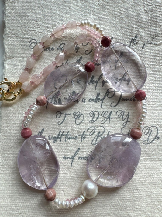 #PN421 Magnificent Presence |Freshwater Pearl & Big Quartz Necklace |Rose Quartz |HUGE Quartz |Natural Stones