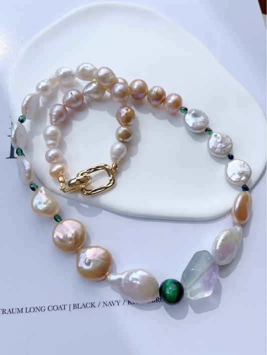 #PN399 [Sale]Autumn’s Forest |Freshwater Pearl Necklace |Fluorite|Malachite|Coin Pearl |Colourful|Wrinkled Baroque Pearl |Golden Lustre
