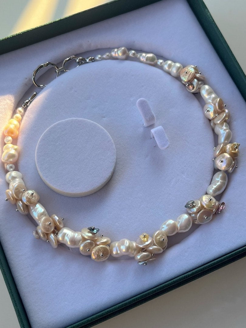 #PN360 [Floral Series]Coin & Gourd|Freshwater Pearl Necklace |Big Gourd Shaped Pearl |Irregular Baroque Pearl |Coin Petal Flower |Lustrous