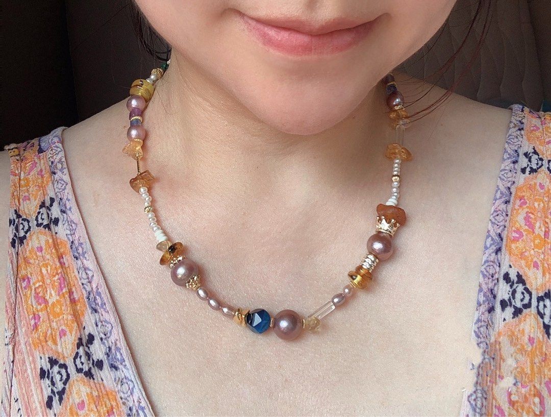 #PN73 [Sale]Medium Long Freshwater Pearl Necklace |Edison Pearl |Natural Stone|Amber|Lapis Lazuli