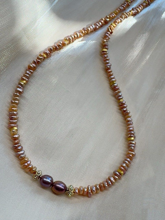 #PN268 Champagne Gold|Freshwater Pearl Necklace |Mini Baroque Pearl | Metallic Purple|Layered Pearls