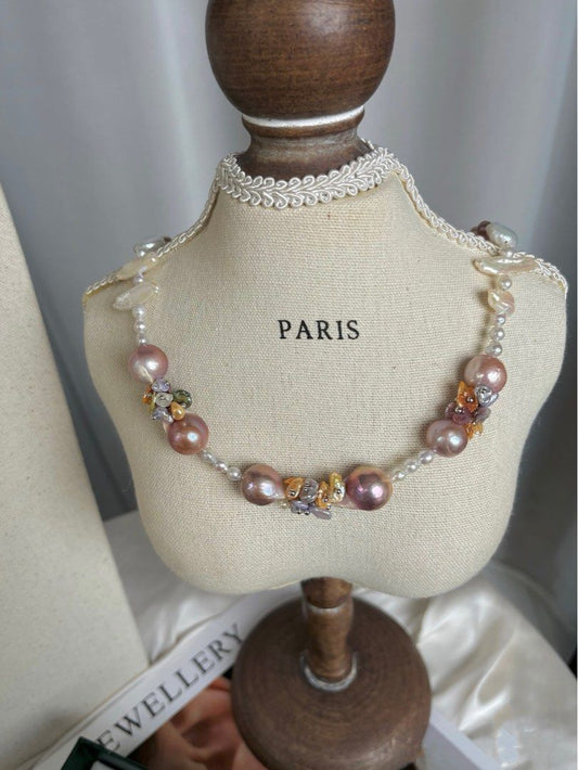 #PN58 [Floral Series] Rose Fantasy |Genuine Freshwater Pearl Necklace |Colourful Pearl Petals| Big Edison Pearl |Irregular|Lustrous