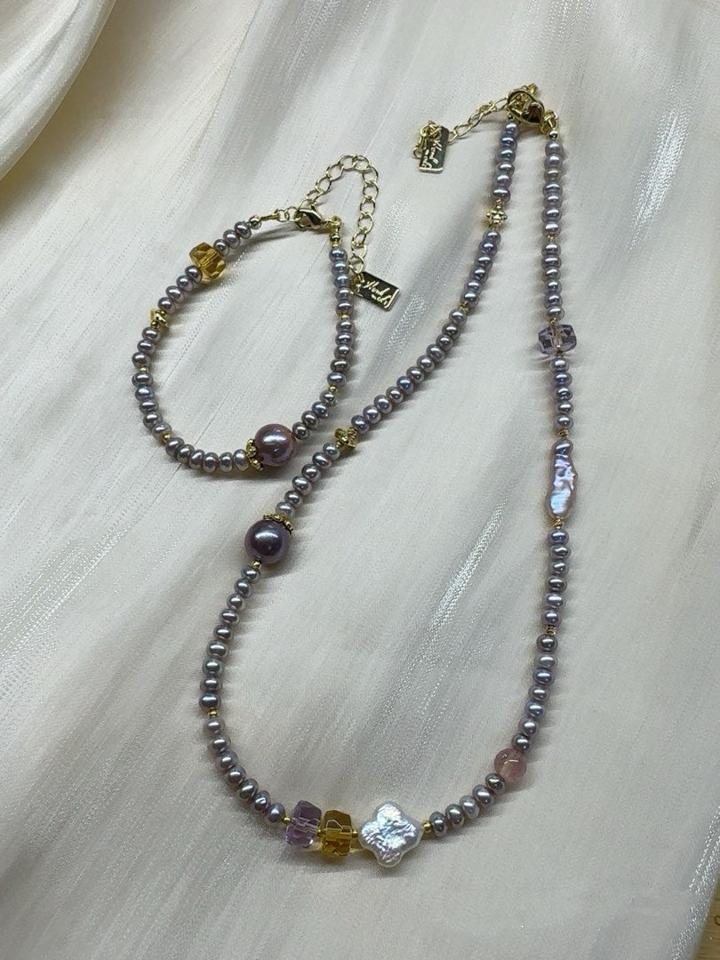 #PN57 Lavender Sea|Freshwater Pearl Necklace & Bracelet Set |Lustrous Baby Baroque Pearl |High-quality Yellow Quartz |Purple Quartz