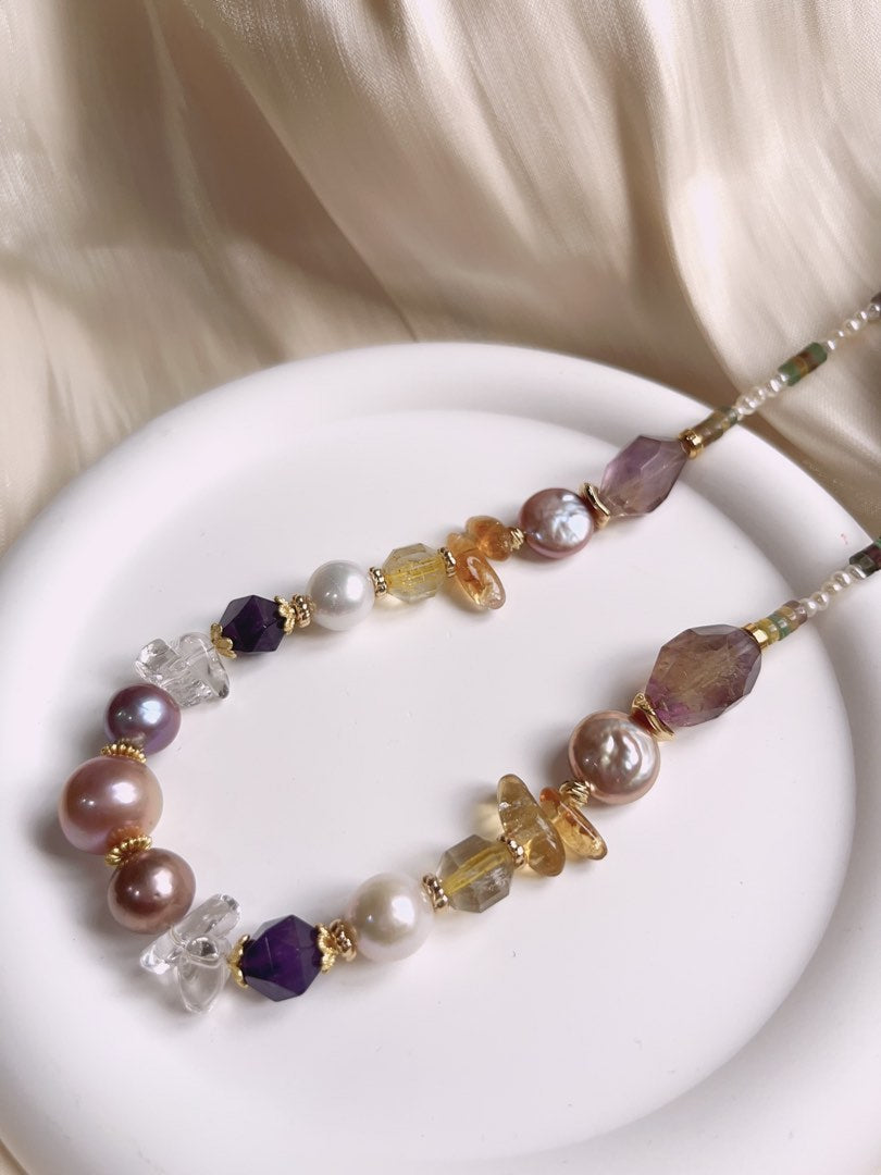 #PN391 [Sale]Medium Long Freshwater Pearl Necklace |Colourful|Baroque Pearl |Purple Quartz |Yellow Quartz