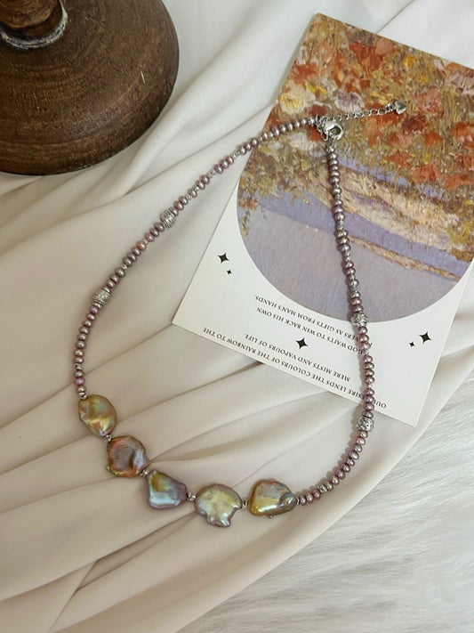 #PN371 Golden Petal |Freshwater Pearl Necklace |Golden-purple Lustre|Dark Purple Baby Baroque Pearl |Big Pearl Petal |Top Lustre