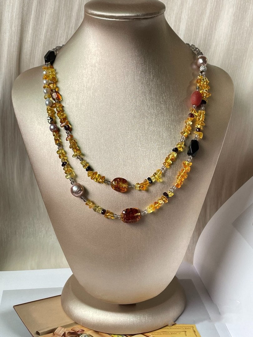 #PN301 Yellow Summer| Freshwater Pearl Necklace | Grey Agate Cubes|Double-layer|Amber Freeform |Beeswax Chip|Purple Baroque Pearl