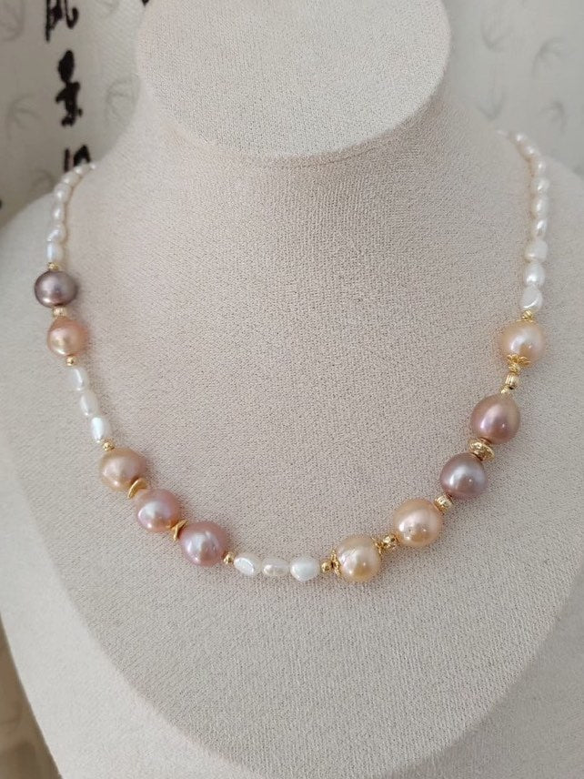 #PN381 [Clearance Sale] Golden Stage| Freshwater Pearl Necklace | Peach, Purple Baroque Pearl | Baby Baroque Pearl | Excellent Lustre