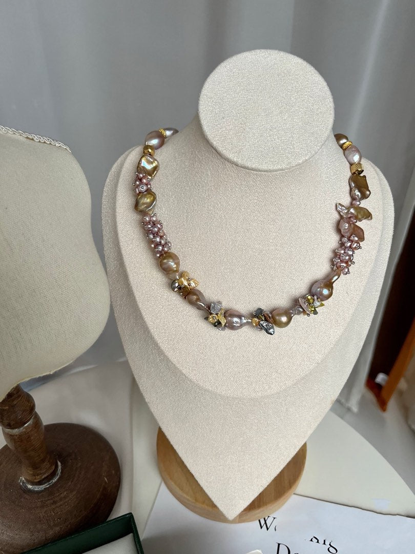 #PN365 [Floral Series] Gilding Purple|Freshwater Pearl Necklace |Dark Golden Lustre|Big Lute Petal Pearl |Rare Colour |Colourful Petals|Big Golden Baroque Pearl