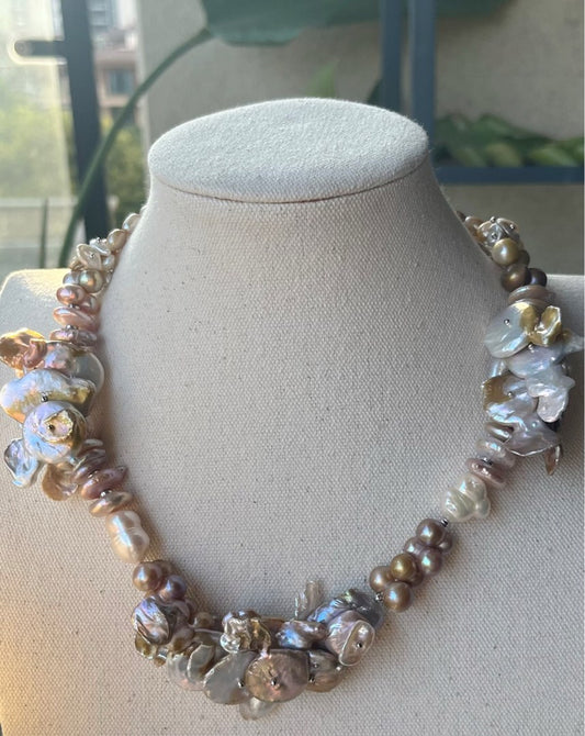 #PN361 [Floral Series] Wildflowers |Freshwater Pearl Necklace |Big Fused Baroque Petal Pearl |Deep Golden Lustre|Coin Pearl|Gourd Shaped Pearls