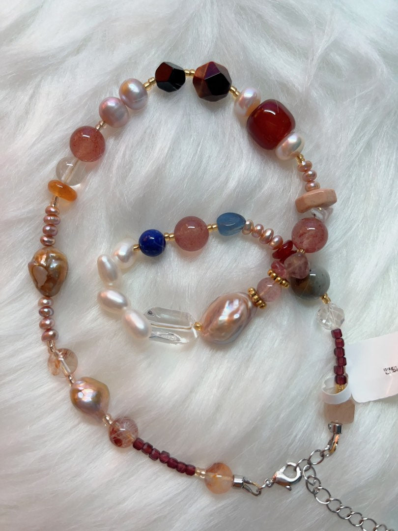 #PN334 Red Fantasy | Freshwater Pearl Necklace | Strawberry Quartz | Garnet Square | Wheat Ears | Wrinkled Baroque Pearl |Natural Flaws | Fire Quartz