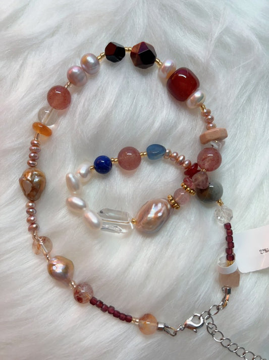 #PN334 Red Fantasy | Freshwater Pearl Necklace | Strawberry Quartz | Garnet Square | Wheat Ears | Wrinkled Baroque Pearl |Natural Flaws | Fire Quartz