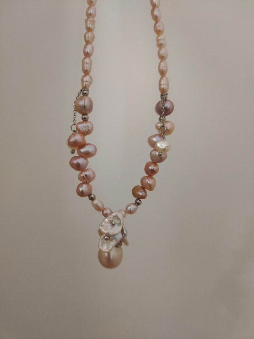 #PN179 [Floral Series] Two-eight Holed Baroque Pearl Necklace |Flower Pendant |Pink-Purple