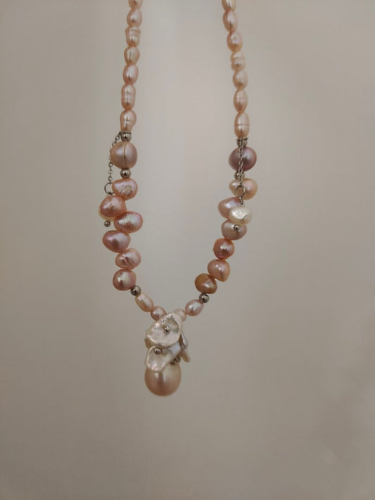 #PN179 [Floral Series] Two-eight Holed Baroque Pearl Necklace |Flower Pendant |Pink-Purple