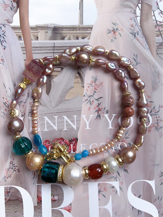 #PN402 [Sale]Purple Fantasy |Genuine Freshwater Pearl Necklace |Red Agate|Fluorite|Big Edison Pearl|Baroque Pearl