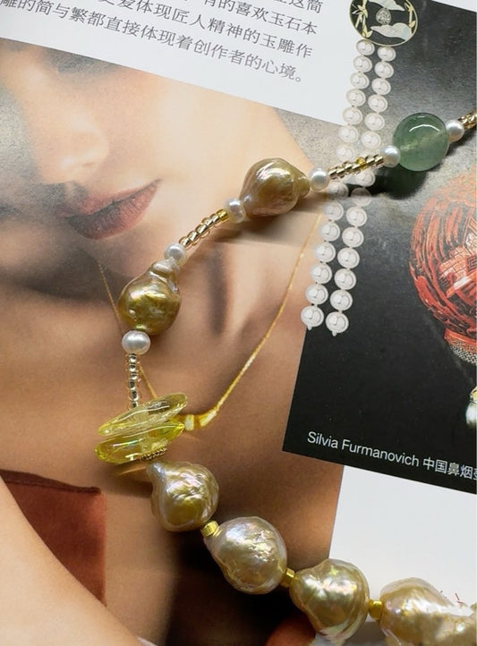 #PN419 Golden Times|Freshwater Pearl Necklace |Green Strawberry Quartz |Baby Pearl |Wrinkled Golden Baroque Pearl |Natural Flaws