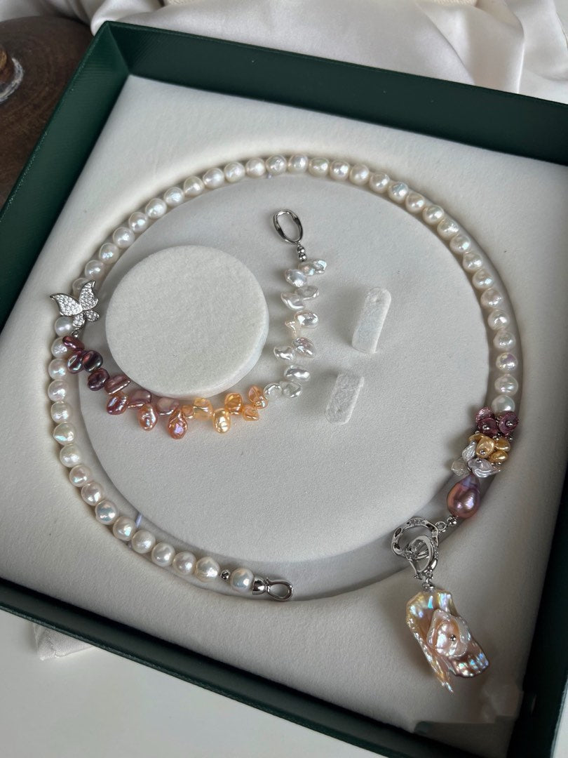 #PN27 [Floral Series] Gradient Flower |Freshwater Pearl Necklace & Bracelet Set |Rainbow Colour |Lustrous Baroque Pearl |Wrinkled Pearl |Removable Pendant |Multi Wearing |Butterfly Clasp