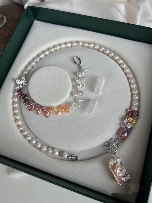 #PN27 [Floral Series] Gradient Flower |Freshwater Pearl Necklace & Bracelet Set |Rainbow Colour |Lustrous Baroque Pearl |Wrinkled Pearl |Removable Pendant |Multi Wearing |Butterfly Clasp