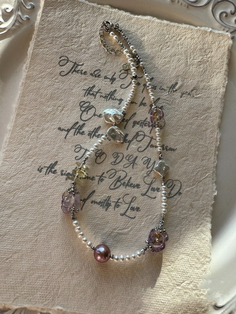 #PN433 [Floral Series ] Silver Flower| Freshwater Pearl Necklace |High Quality Purple Quartz |Silver-Grey Petal Pearl |Yellow Quartz |Baby Pearl|Clover Shaped Pearl |Metallic Edison Pearl