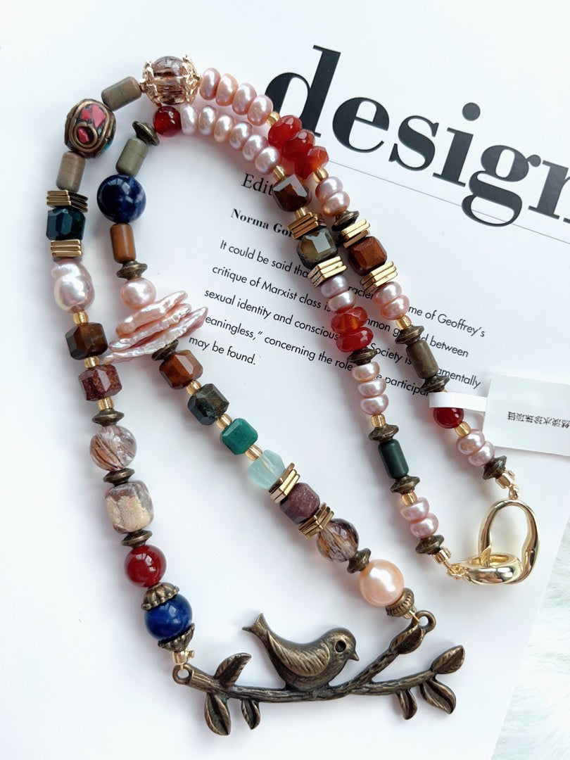 #PN330 Forest Song| Freshwater Pearl Necklace | Garnet Abacus Faceted| Abacus Pearl| Lute Baroque | Bird and Branch Charm