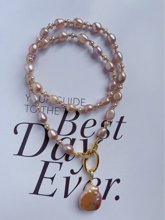 #PN380 [Clearance Sale] Purple Stones| Freshwater Pearl Necklace |Removable Pendant |Wear Multi Way|Removable Connector Ring|Gorgeous Lustre|Baroque Pearl |Big Pendant