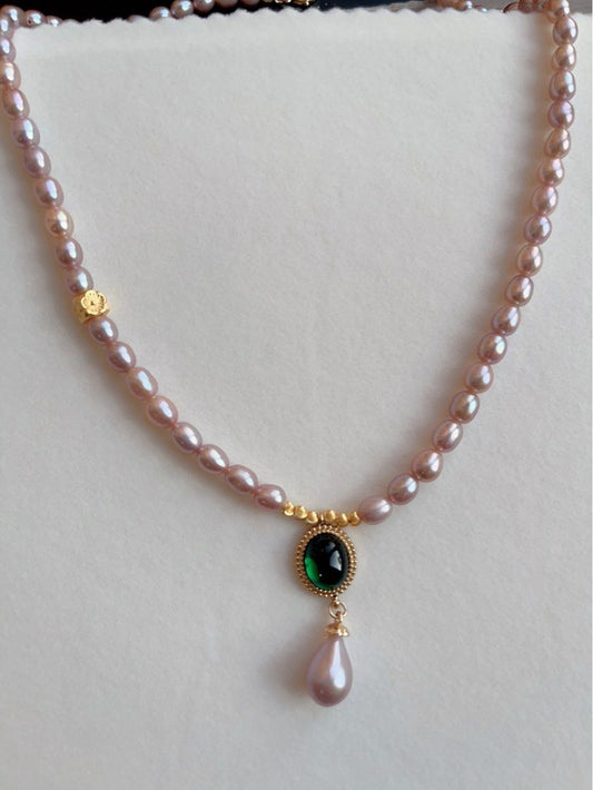 #PN126 Freshwater Pearl Necklace |Purple Pearls|Metallic Lustre| Green Nano Pendant |Peach Blossom Charm