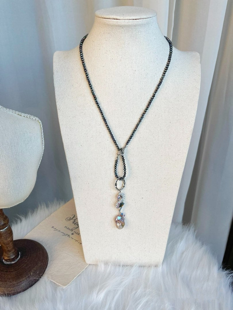 #PN370 Deep Sea|Freshwater Pearl Necklace |Seahorse Pendant |Purple-golden Big Baroque |Baby Dark Pearl |Rare|Gothic Style |Electro-coated Colour