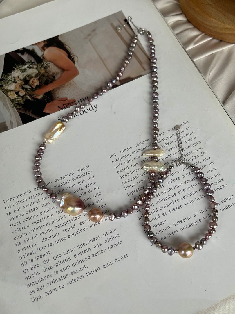 #PN367 Monster Purple |Freshwater Pearl Necklace & Bracelet Set |Baby Irregular Baroque Pearl |Metallic Deep Purple Lustre|Fishtail, Lute Shaped Baroque Pearl