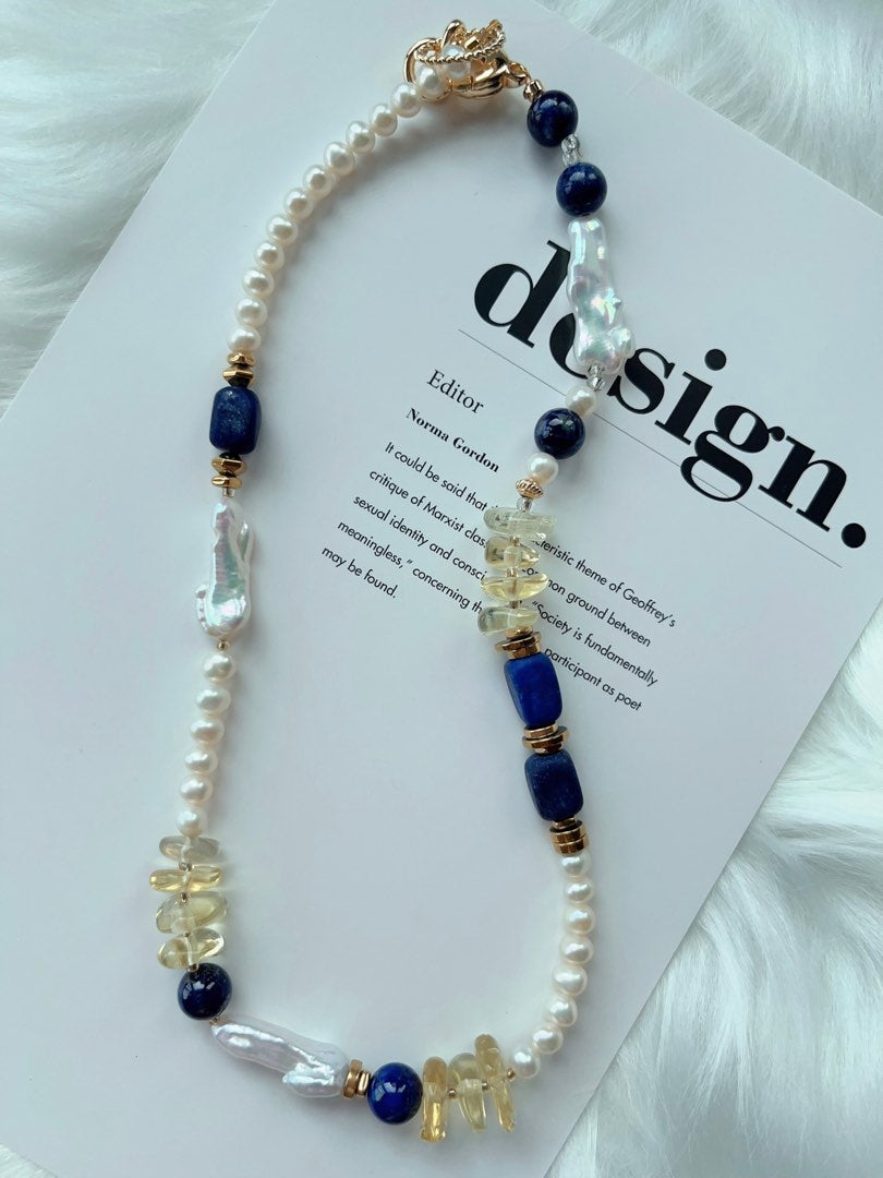 #PN329 [Open Box] [Sale] Deep Blue | Freshwater Pearl Necklace | Lapis Lazuli | Yellow Quartz Lute Shaped Pearl