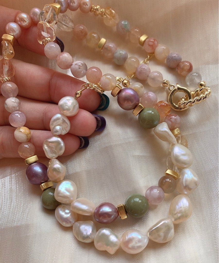 #PN219 Baroque Pearl & Natural Stone Necklace & Bracelet Set |Rose Quartz |Flower Agate|Citrine
