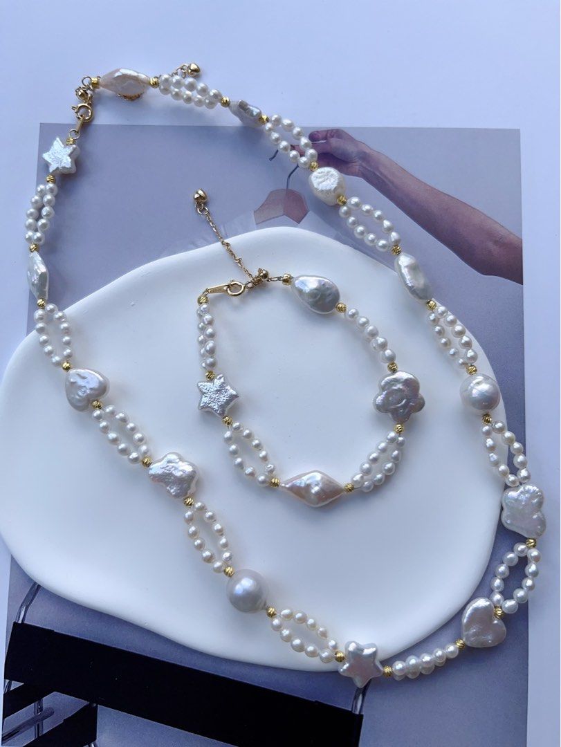 #PN190 [Sale]Star & Heart| Freshwater Pearl Necklace & Bracelet Set |Baroque Pearl |Baby Pearl |Double Layered